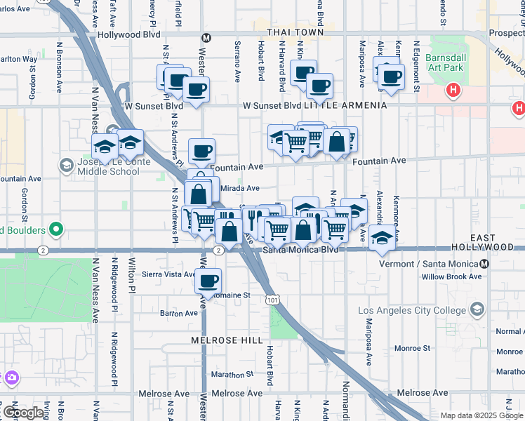 map of restaurants, bars, coffee shops, grocery stores, and more near 1229 North Hobart Boulevard in Los Angeles
