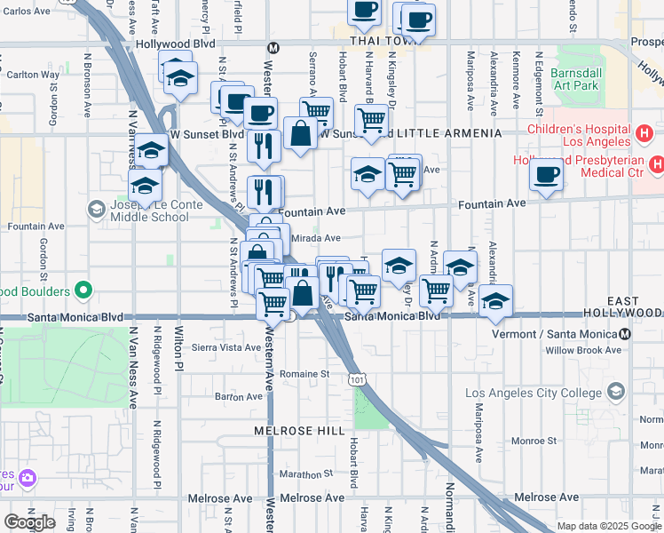 map of restaurants, bars, coffee shops, grocery stores, and more near 1218 North Serrano Avenue in Los Angeles