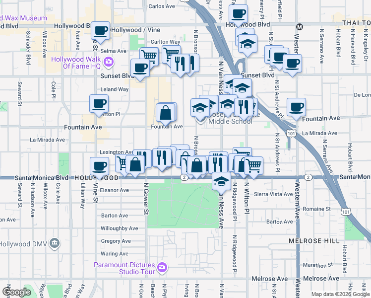 map of restaurants, bars, coffee shops, grocery stores, and more near 1226 Tamarind Avenue in Los Angeles