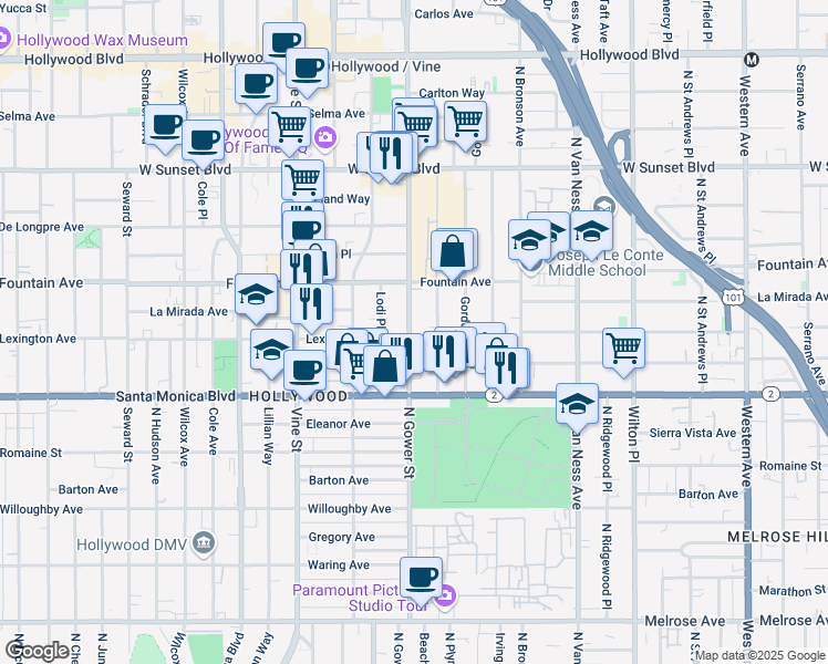 map of restaurants, bars, coffee shops, grocery stores, and more near 1233 North Beachwood Drive in Los Angeles