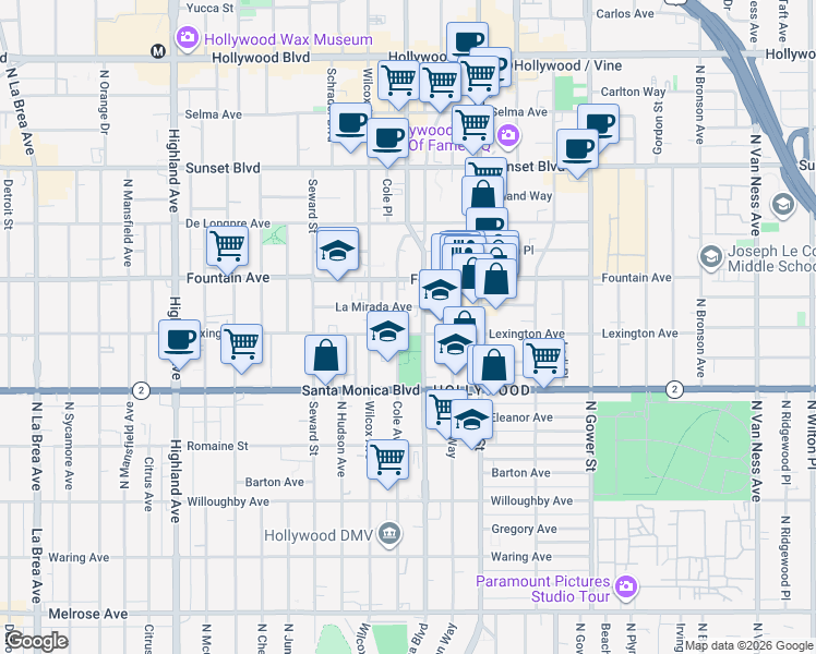 map of restaurants, bars, coffee shops, grocery stores, and more near in Los Angeles