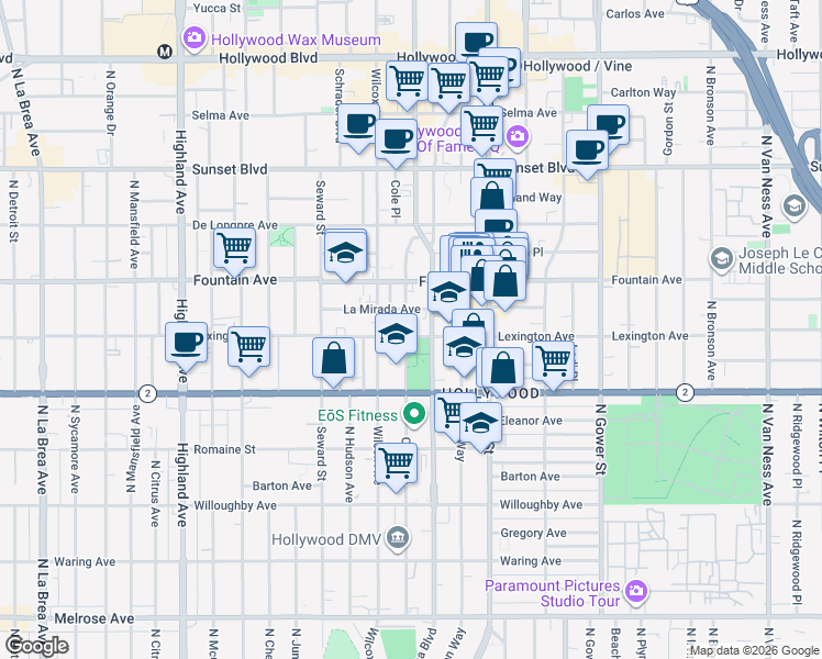 map of restaurants, bars, coffee shops, grocery stores, and more near in Los Angeles