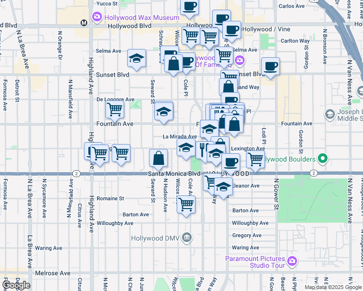 map of restaurants, bars, coffee shops, grocery stores, and more near 2 Cole Place in Los Angeles