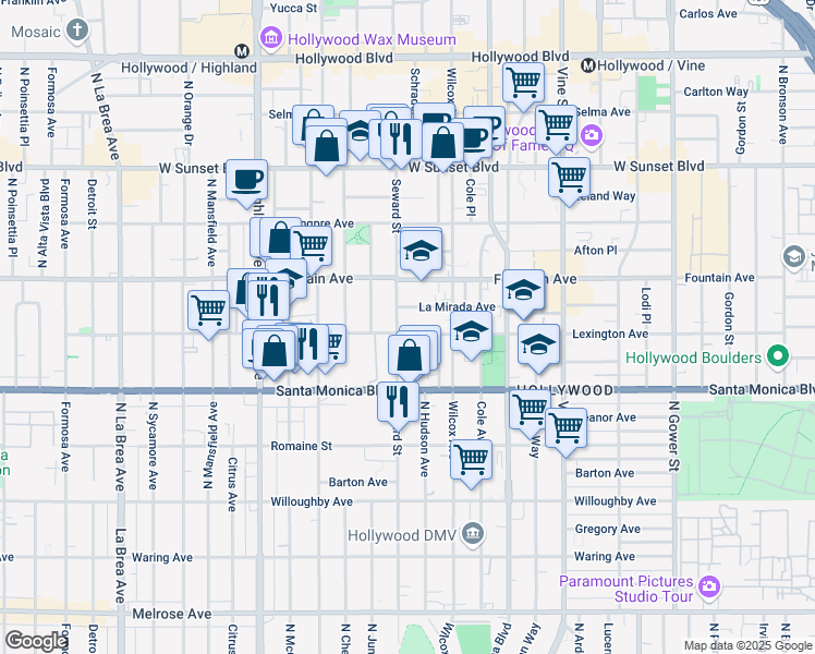 map of restaurants, bars, coffee shops, grocery stores, and more near 1231 Seward Street in Los Angeles