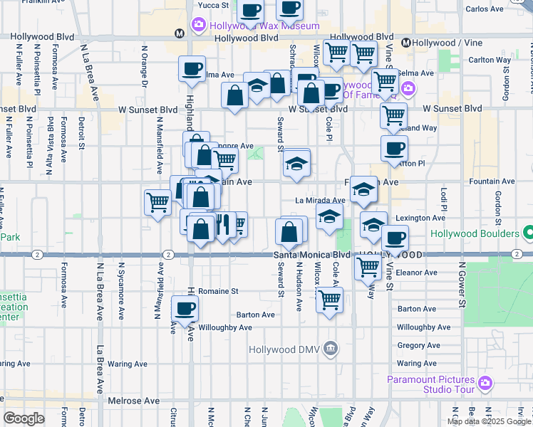 map of restaurants, bars, coffee shops, grocery stores, and more near 1231 Seward Street in Los Angeles