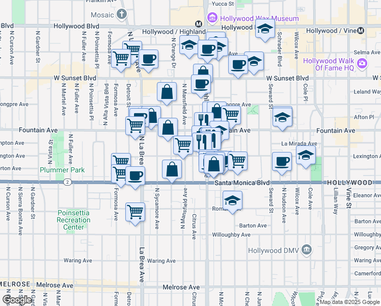 map of restaurants, bars, coffee shops, grocery stores, and more near 1229 North Citrus Avenue in Los Angeles