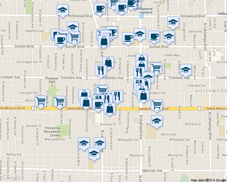 map of restaurants, bars, coffee shops, grocery stores, and more near 1232 North Sycamore Avenue in Los Angeles