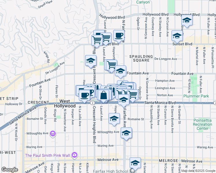 map of restaurants, bars, coffee shops, grocery stores, and more near 1263 North Hayworth Avenue in West Hollywood