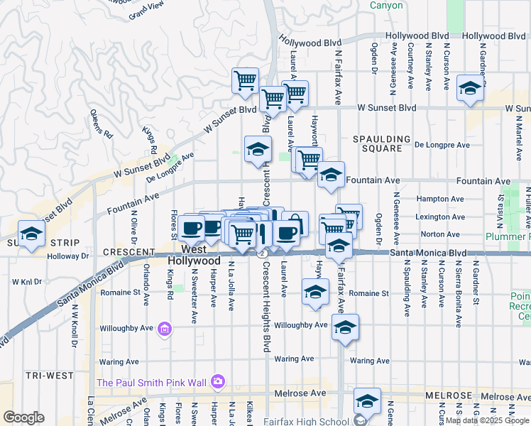 map of restaurants, bars, coffee shops, grocery stores, and more near 1257 North Crescent Heights Boulevard in West Hollywood