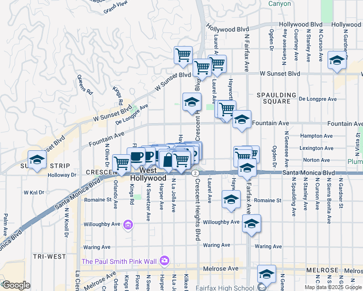 map of restaurants, bars, coffee shops, grocery stores, and more near 1253 Havenhurst Drive in West Hollywood