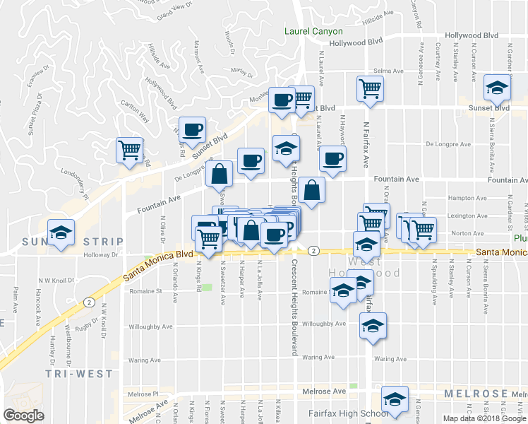 map of restaurants, bars, coffee shops, grocery stores, and more near 1253 Havenhurst Drive in West Hollywood