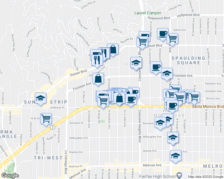 map of restaurants, bars, coffee shops, grocery stores, and more near 1255 North Harper Avenue in West Hollywood