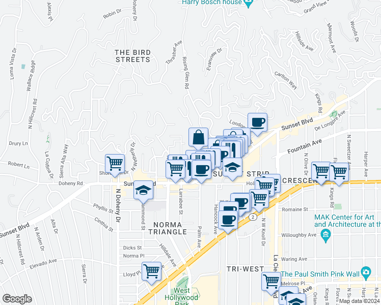 map of restaurants, bars, coffee shops, grocery stores, and more near 8732 Saint Ives Drive in Los Angeles