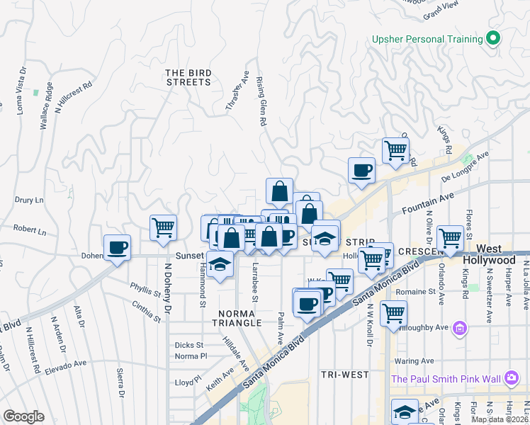 map of restaurants, bars, coffee shops, grocery stores, and more near 1314 Ozeta Terrace in Los Angeles