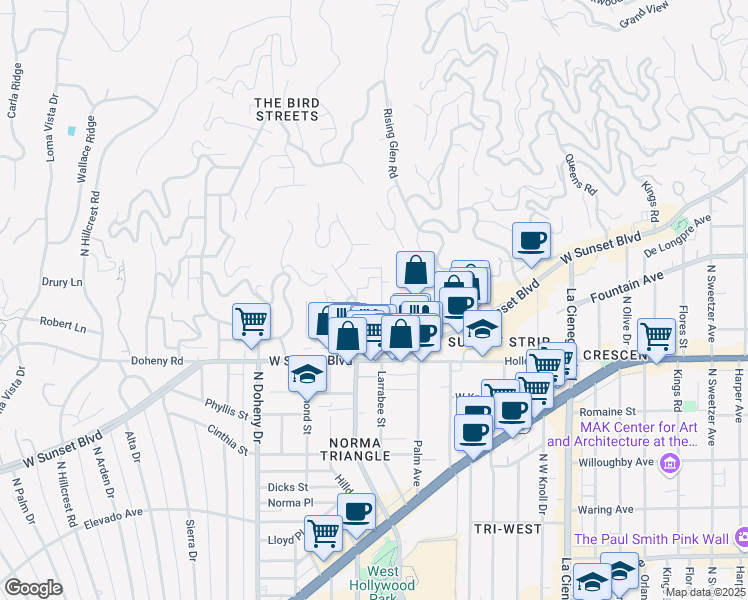 map of restaurants, bars, coffee shops, grocery stores, and more near 1314 Ozeta Terrace in Los Angeles
