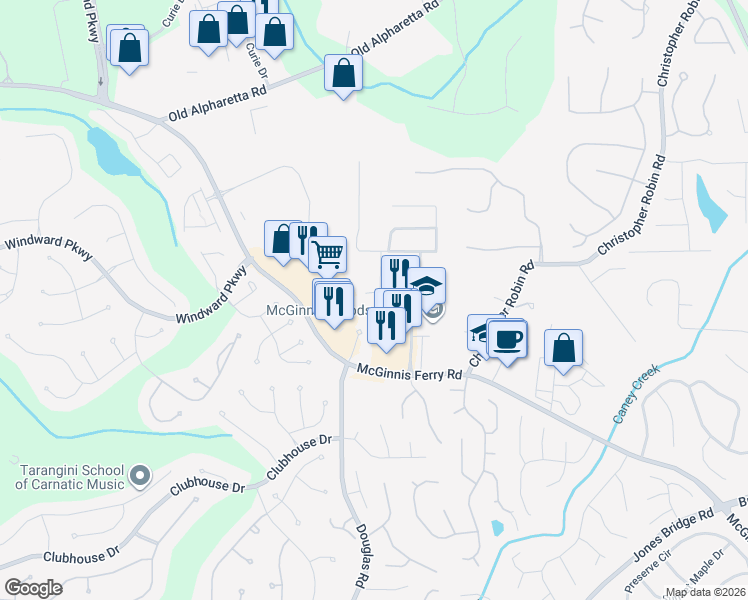 map of restaurants, bars, coffee shops, grocery stores, and more near 5325 Donehoo Court in Alpharetta