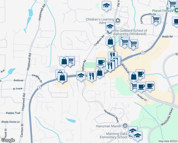 map of restaurants, bars, coffee shops, grocery stores, and more near 12825 Cogburn Road in Alpharetta