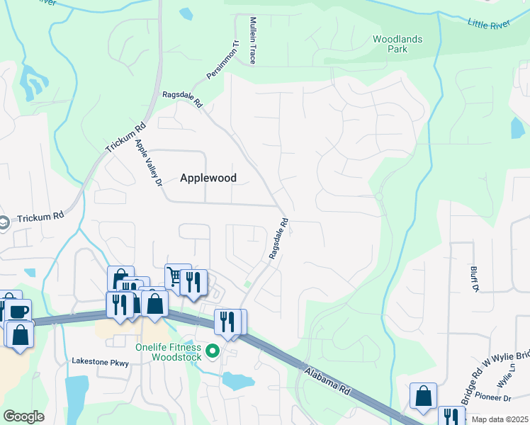 map of restaurants, bars, coffee shops, grocery stores, and more near 162 Apple Valley Drive in Woodstock