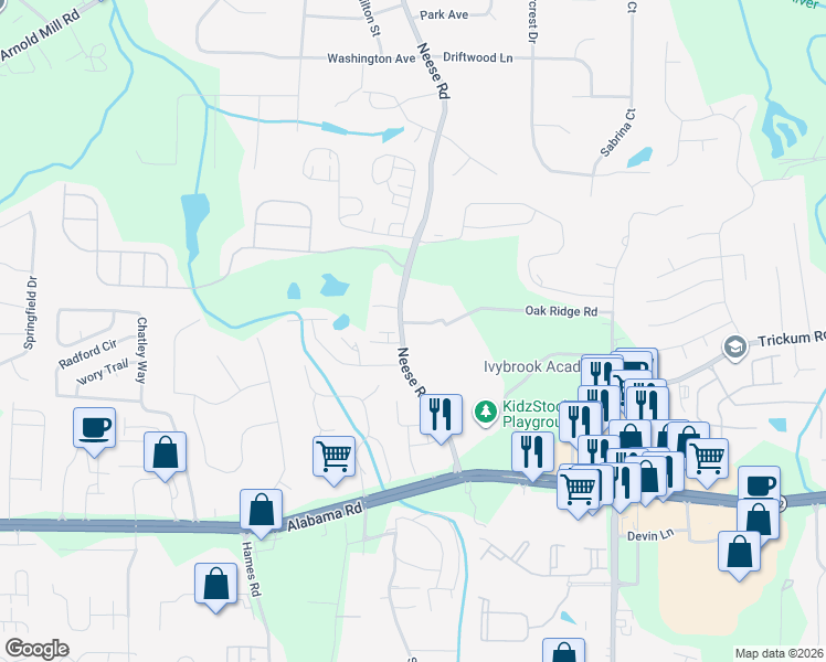 map of restaurants, bars, coffee shops, grocery stores, and more near 11905 Highway 92 in Woodstock