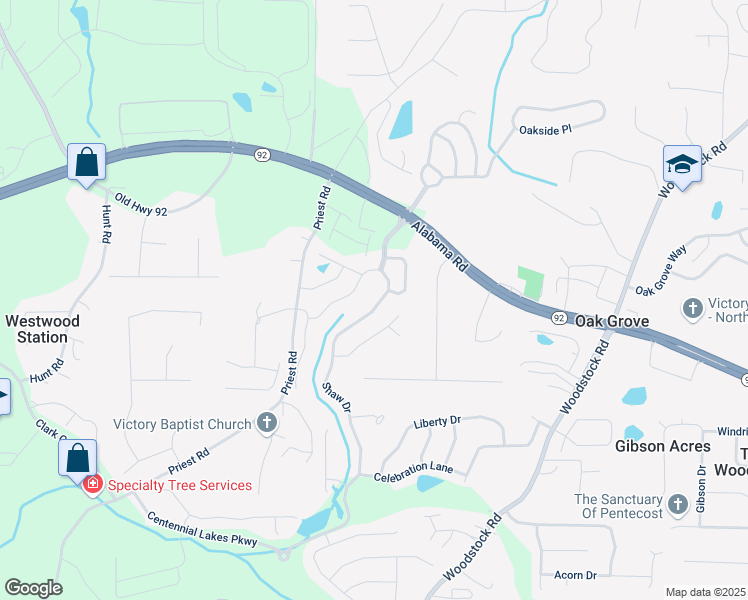 map of restaurants, bars, coffee shops, grocery stores, and more near 251 Shaw Drive in Acworth