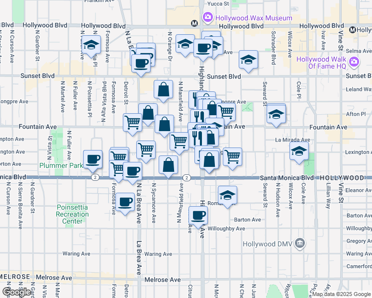 map of restaurants, bars, coffee shops, grocery stores, and more near 1229 North Citrus Avenue in Los Angeles