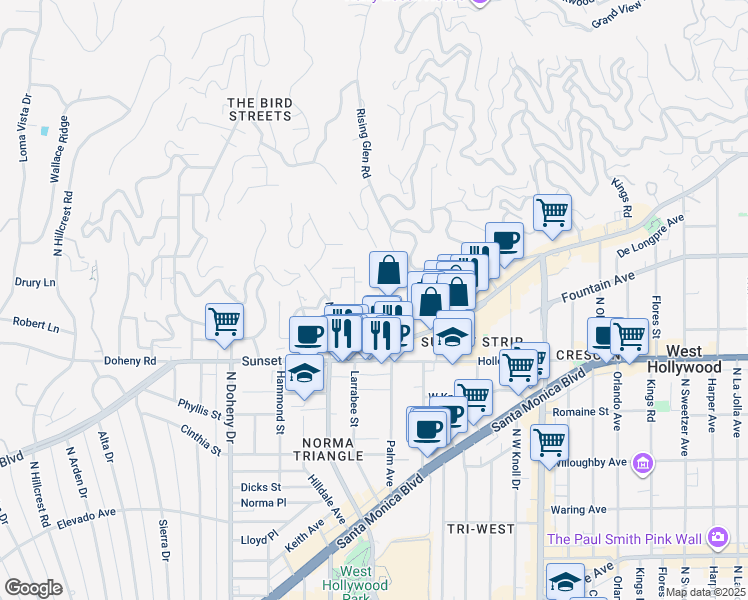 map of restaurants, bars, coffee shops, grocery stores, and more near 1217 Horn Avenue in West Hollywood