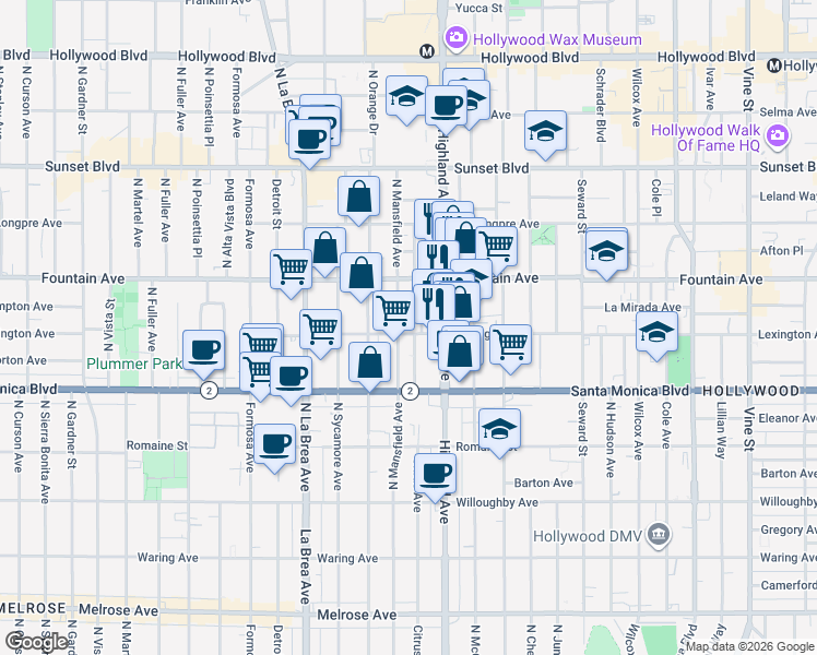 map of restaurants, bars, coffee shops, grocery stores, and more near 1200 North Mansfield Avenue in Los Angeles
