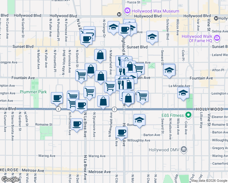 map of restaurants, bars, coffee shops, grocery stores, and more near 1200 North Mansfield Avenue in Los Angeles