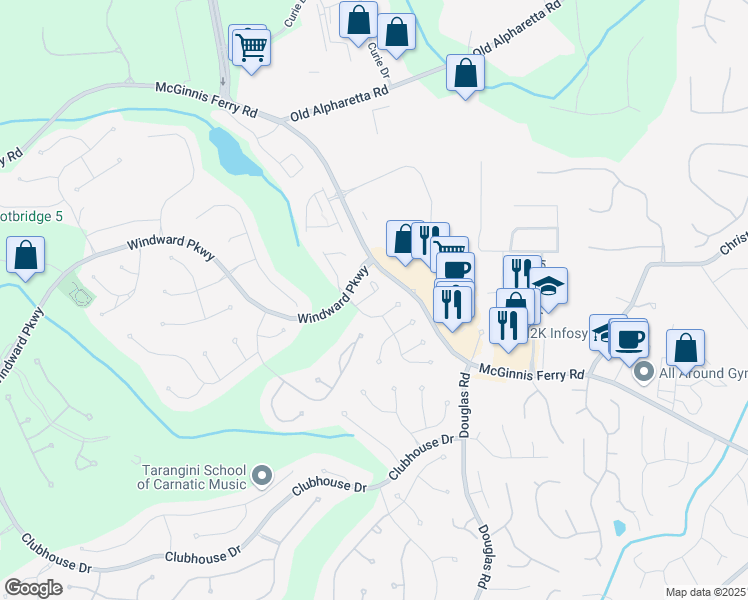 map of restaurants, bars, coffee shops, grocery stores, and more near 35 Fieldstone Way in Alpharetta