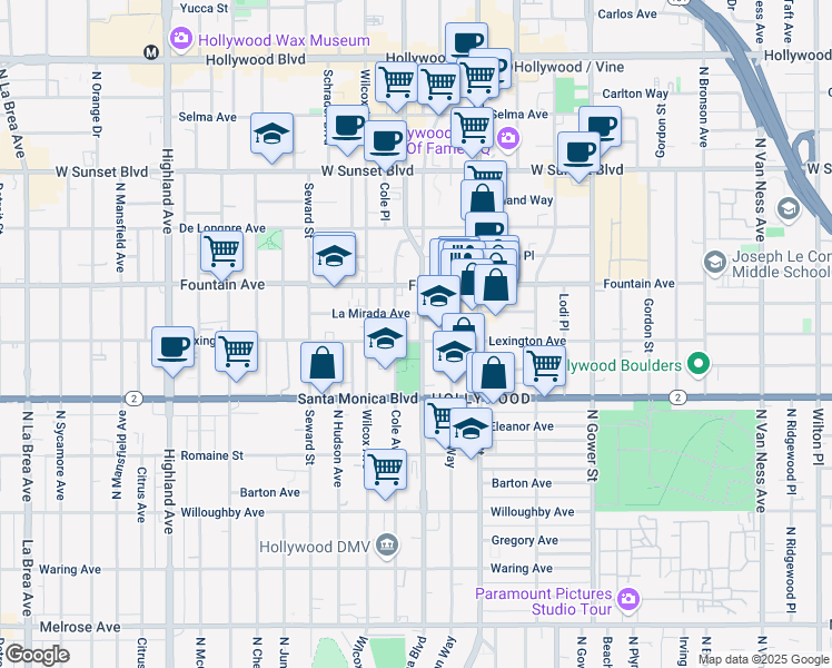 map of restaurants, bars, coffee shops, grocery stores, and more near 1205 North Cahuenga Boulevard in Los Angeles