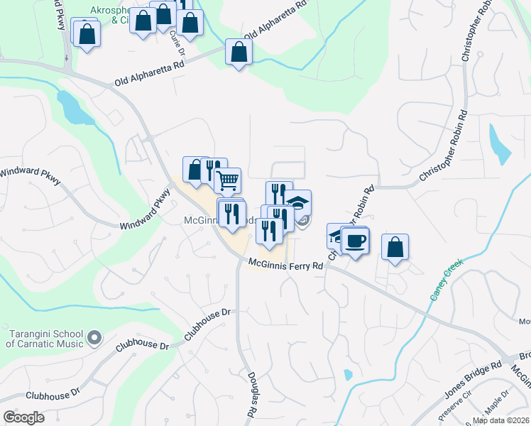 map of restaurants, bars, coffee shops, grocery stores, and more near 5325 Donehoo Court in Alpharetta