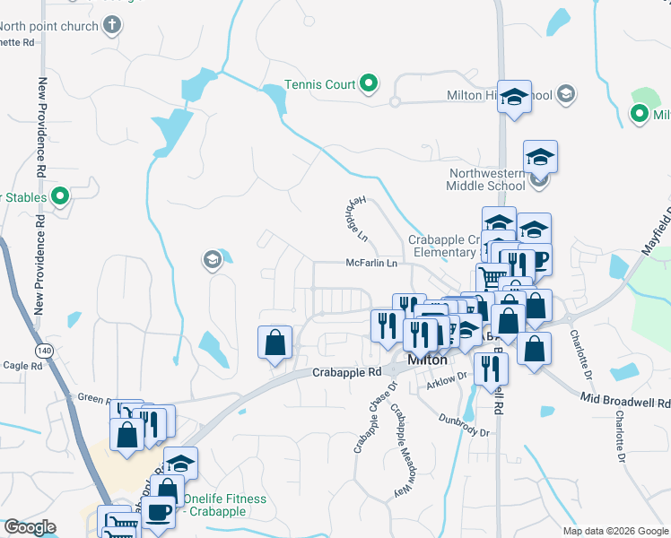 map of restaurants, bars, coffee shops, grocery stores, and more near 2161 McFarlin Lane in Alpharetta