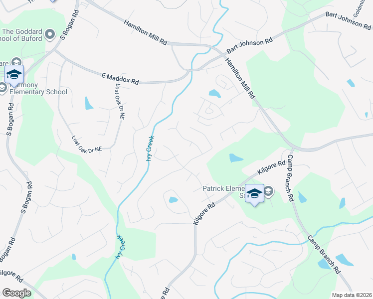 map of restaurants, bars, coffee shops, grocery stores, and more near 3653 Southland Drive Northeast in Buford