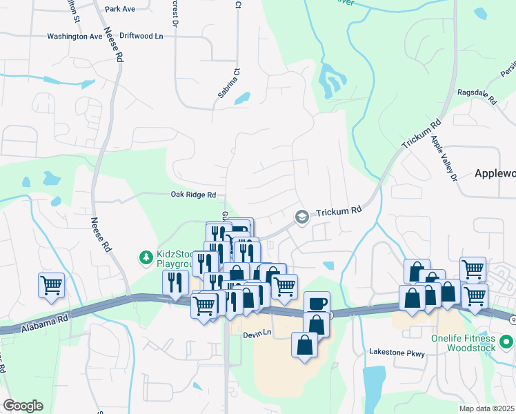 map of restaurants, bars, coffee shops, grocery stores, and more near 533 Drifton Way in Woodstock