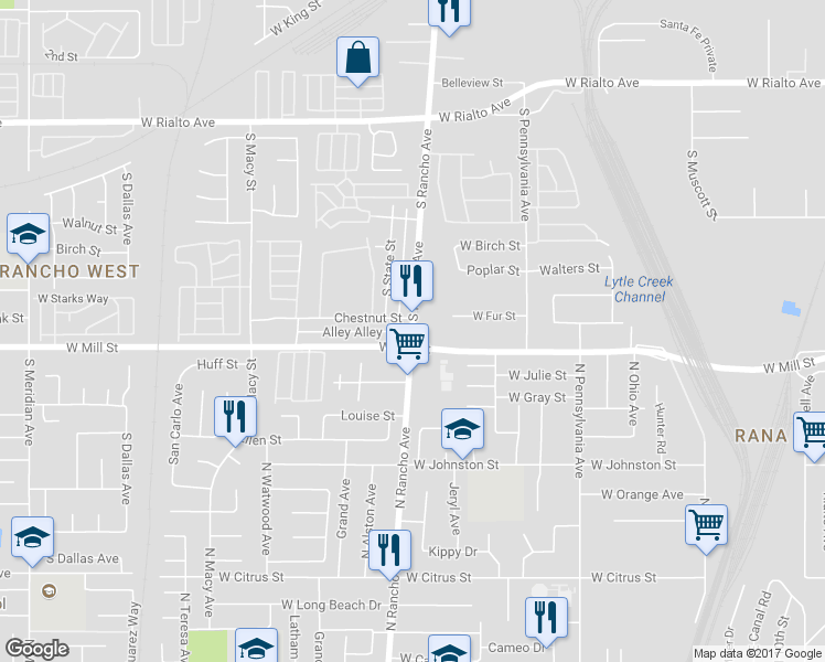 map of restaurants, bars, coffee shops, grocery stores, and more near 2170 South Rancho Avenue in Colton