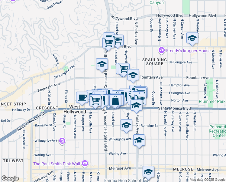 map of restaurants, bars, coffee shops, grocery stores, and more near 1233 Laurel Avenue in West Hollywood