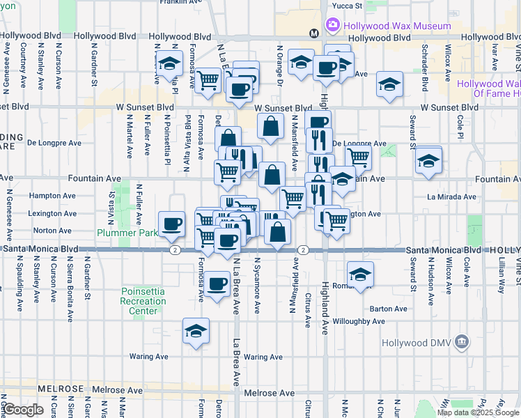 map of restaurants, bars, coffee shops, grocery stores, and more near 1232 North Sycamore Avenue in Los Angeles