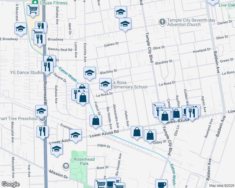 map of restaurants, bars, coffee shops, grocery stores, and more near 9406 La Rosa Drive in Temple City