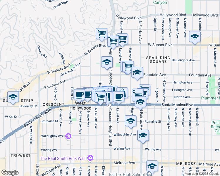 map of restaurants, bars, coffee shops, grocery stores, and more near 1257 North Crescent Heights Boulevard in West Hollywood