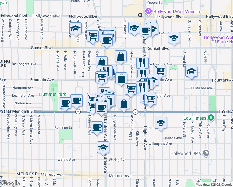map of restaurants, bars, coffee shops, grocery stores, and more near 1232 North Sycamore Avenue in Los Angeles
