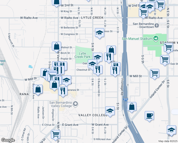 map of restaurants, bars, coffee shops, grocery stores, and more near 1160 Chestnut Street in San Bernardino