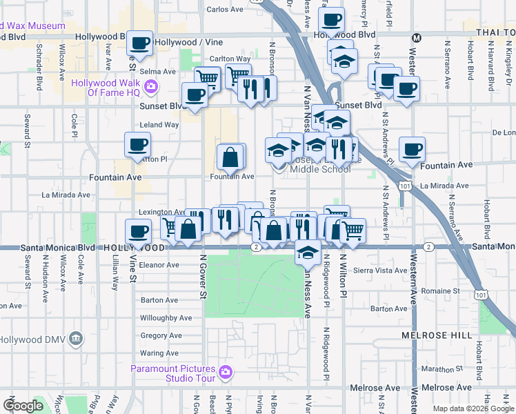 map of restaurants, bars, coffee shops, grocery stores, and more near 1226 Tamarind Avenue in Los Angeles
