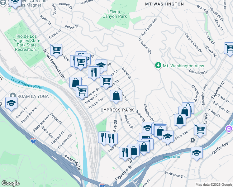 map of restaurants, bars, coffee shops, grocery stores, and more near 3330 Maceo Street in Los Angeles