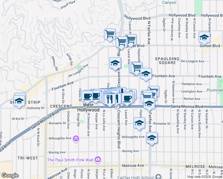 map of restaurants, bars, coffee shops, grocery stores, and more near 1234 Havenhurst Drive in West Hollywood