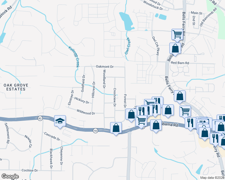 map of restaurants, bars, coffee shops, grocery stores, and more near 5697 Crestview Drive in Acworth