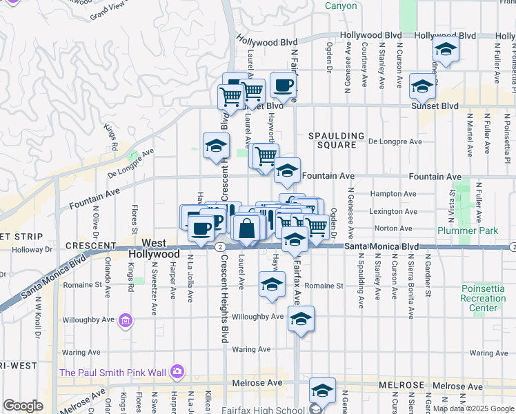 map of restaurants, bars, coffee shops, grocery stores, and more near 1263 North Hayworth Avenue in West Hollywood