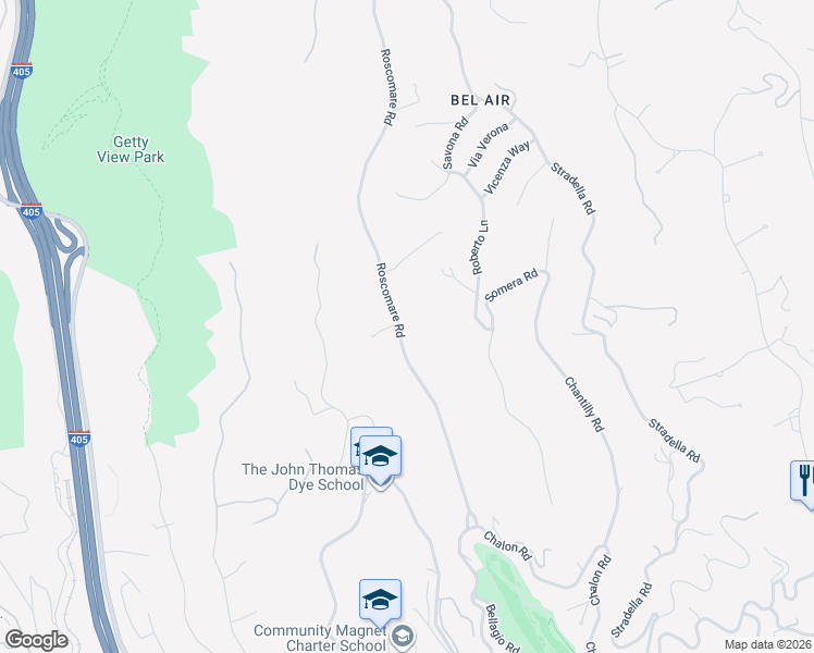 map of restaurants, bars, coffee shops, grocery stores, and more near 1260 Roscomare Road in Los Angeles