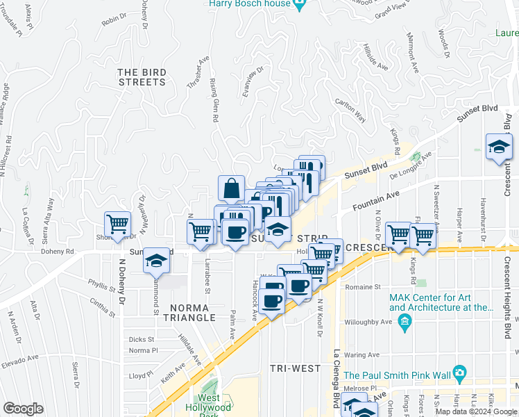 map of restaurants, bars, coffee shops, grocery stores, and more near 8727 Shoreham Drive in West Hollywood