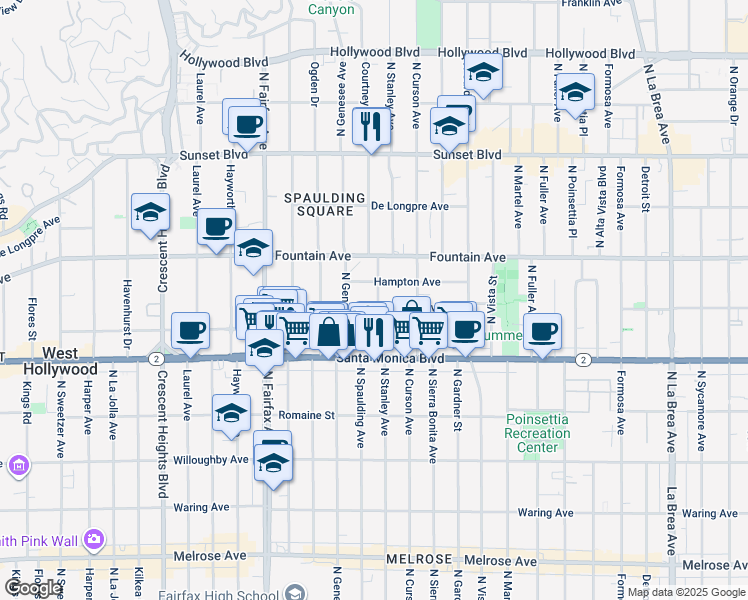 map of restaurants, bars, coffee shops, grocery stores, and more near 7701 Lexington Avenue in West Hollywood