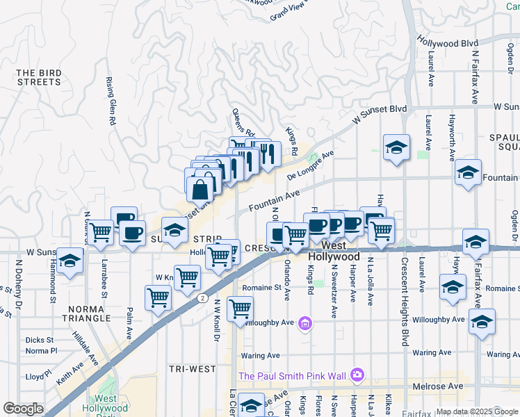 map of restaurants, bars, coffee shops, grocery stores, and more near 1172 Hacienda Place in West Hollywood
